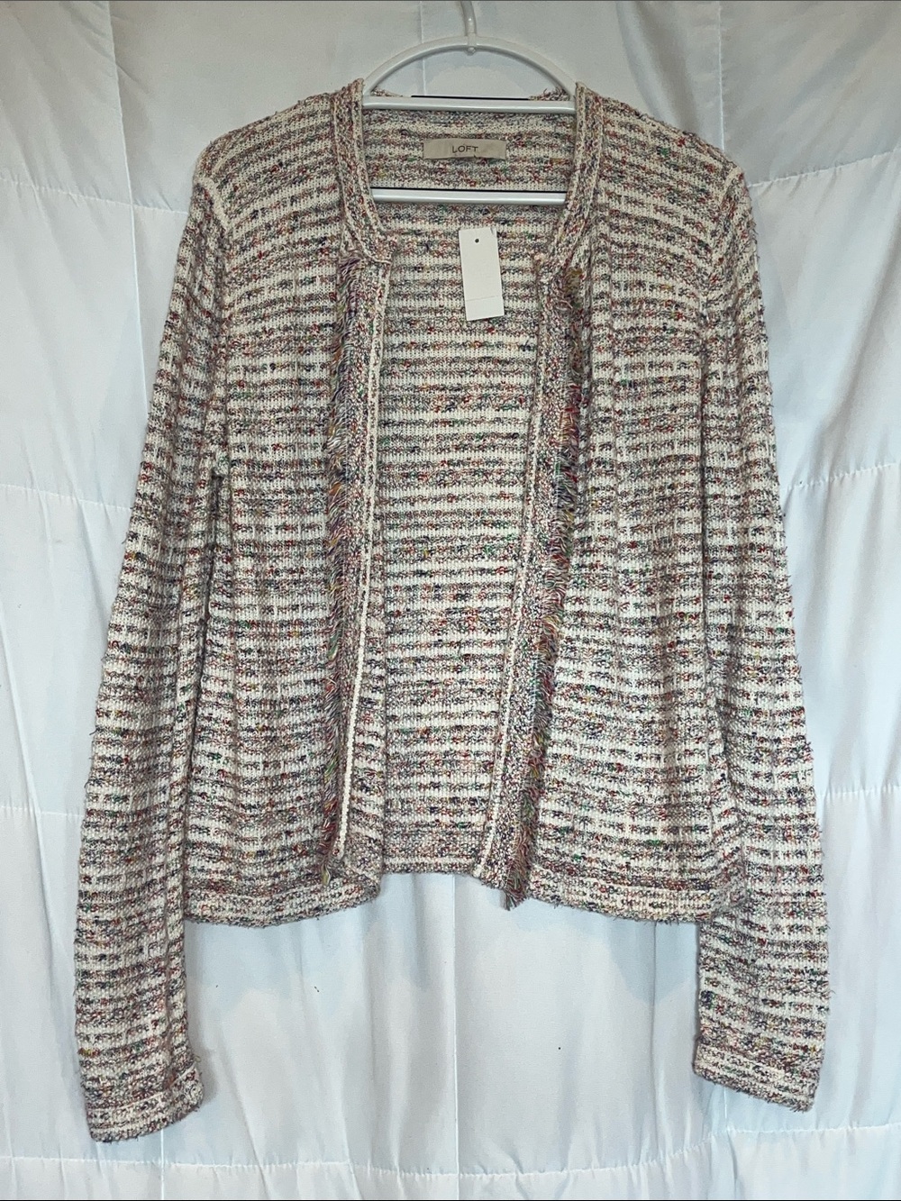 NWT LOFT Cream Multicolor Tweed Open-Front Cardigan Sweater size: Medium